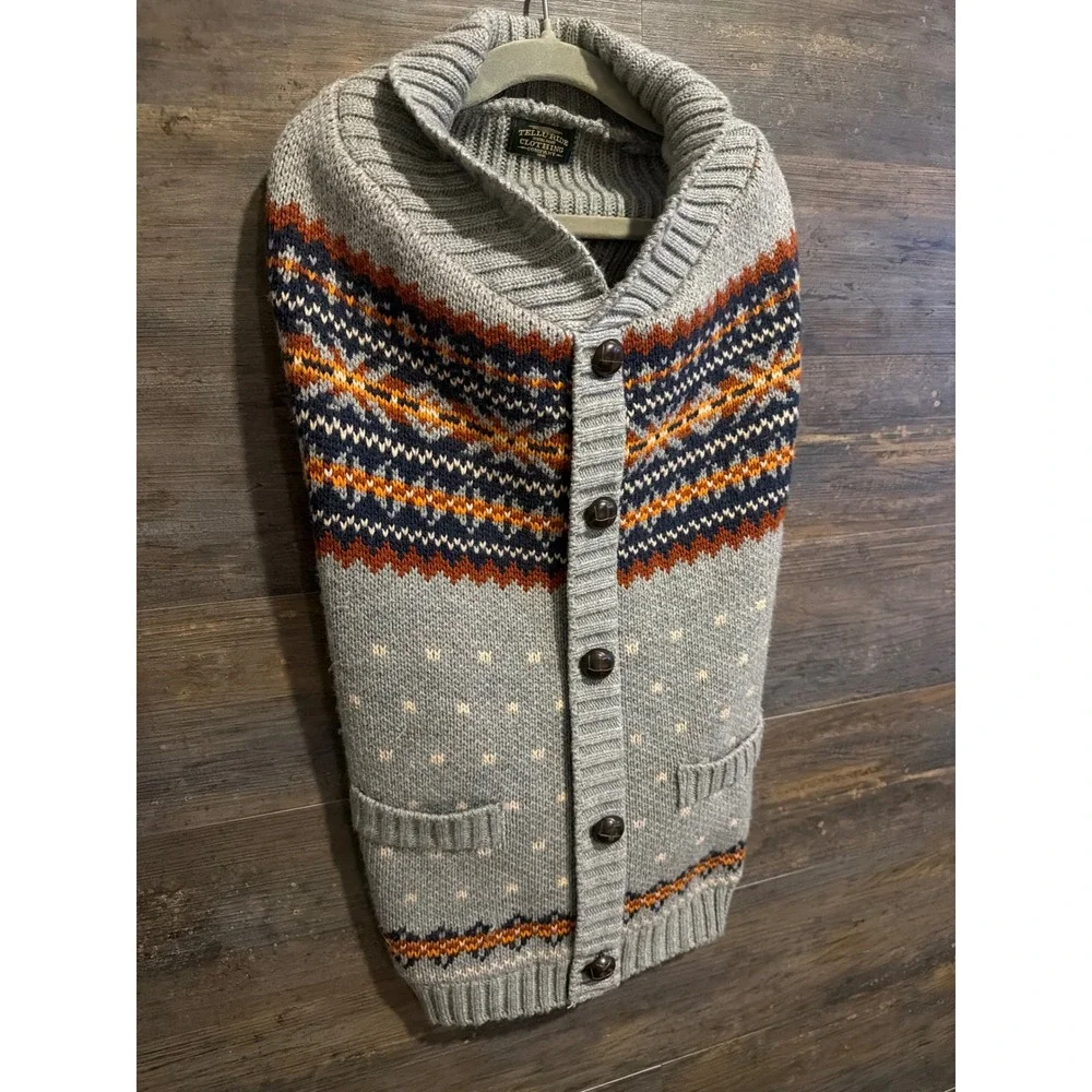 Telluride Clothing Co Gray Fair Isle Fleece Lined Dog Sweater Large Shawl Collar
